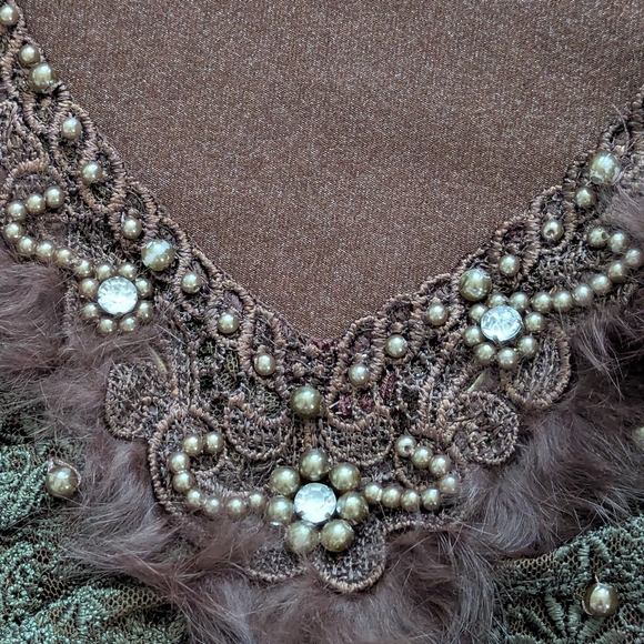Women's Brown V-Neck Sweater with Beading Faux-Fur & Lace Detailing - Picture 3 of 16